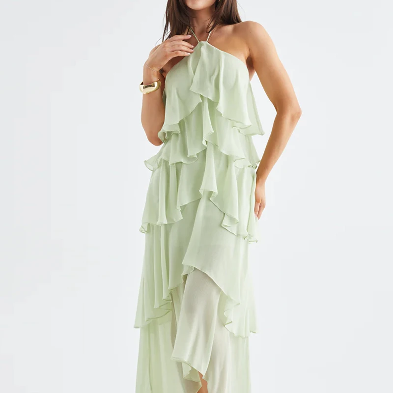 Novo 2026 verão em camadas plissado borda bolo vestido longo senhora casual sem costas vestido de praia sexy halter oco sem mangas vestido de férias