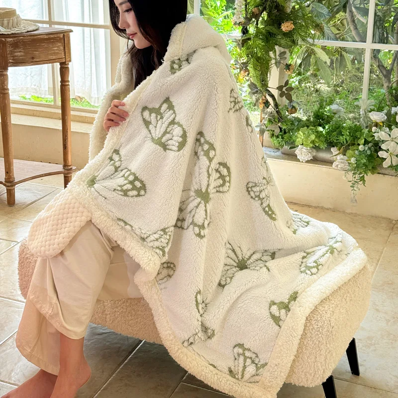 Sherpa Butterfly‑Print Hooded Cape Blanket, Wearable Design With Built‑in Gloves for Women Office Sofa Napping