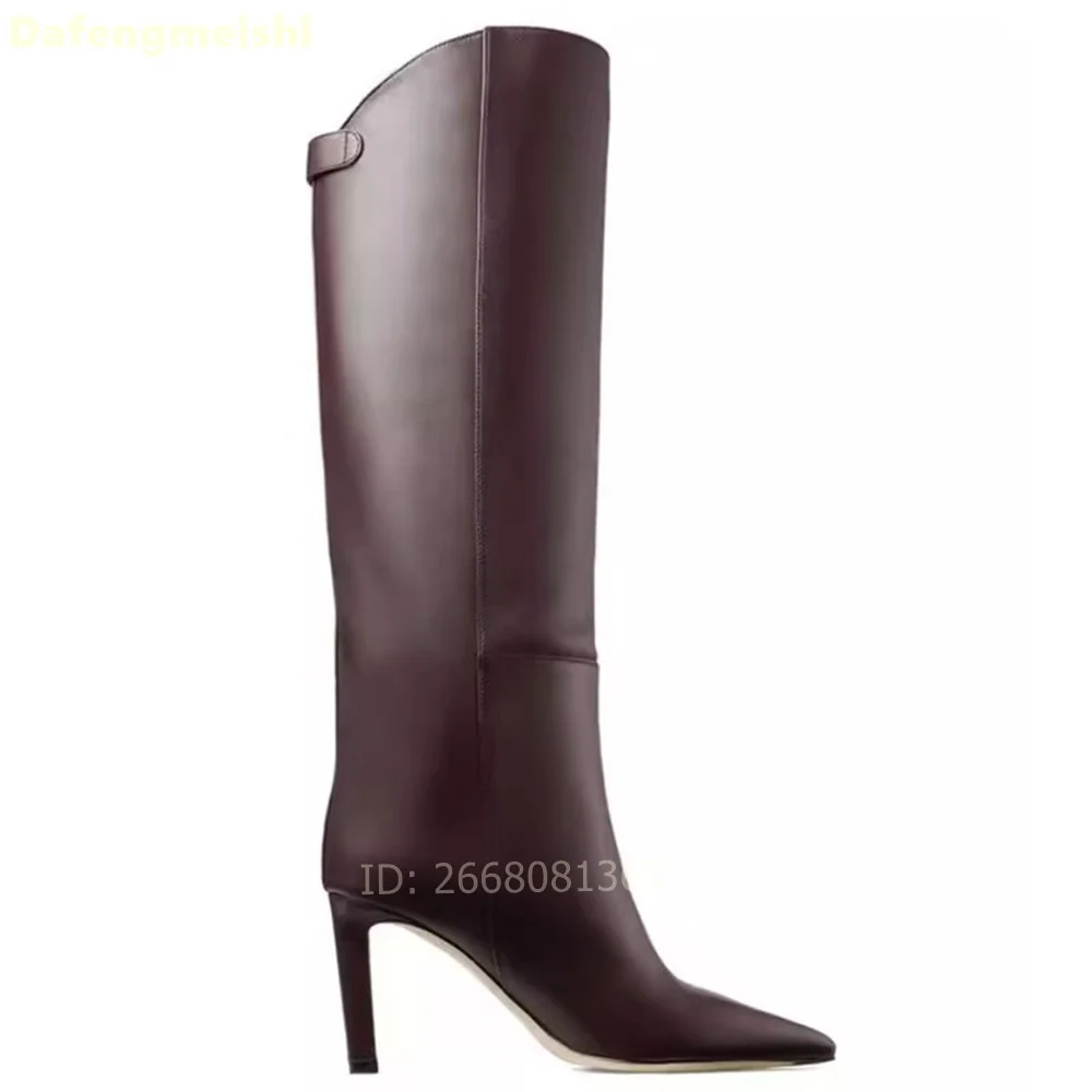 Burgundy Leather Knee High Boots Pointed Toe Stiletto Heel Pull On Women Daily Office 2026 New Autumn Fashion Tall Boots