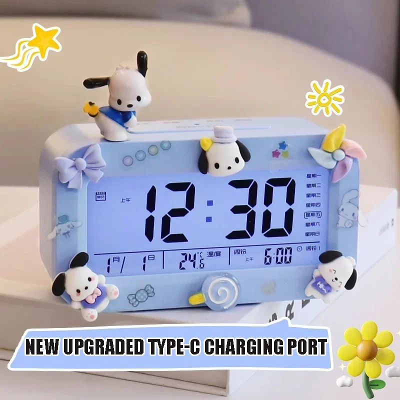 Reloj despertador electrónico Kawaii de dibujos animados Cinnamoroll Melody Pochacco, reloj de estudiante con carga de escritorio, autodisciplina, regalo de Navidad