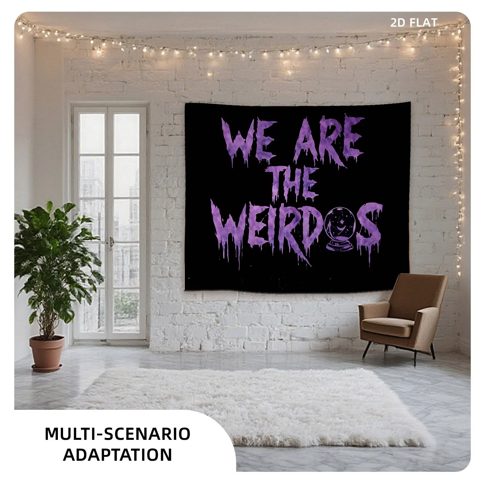Customize 2D Flat, [2D Flat Printing] 1 Large Size Pattern Printing Tapestry- Weirdos, Purple, Text, Black Background, Crystall
