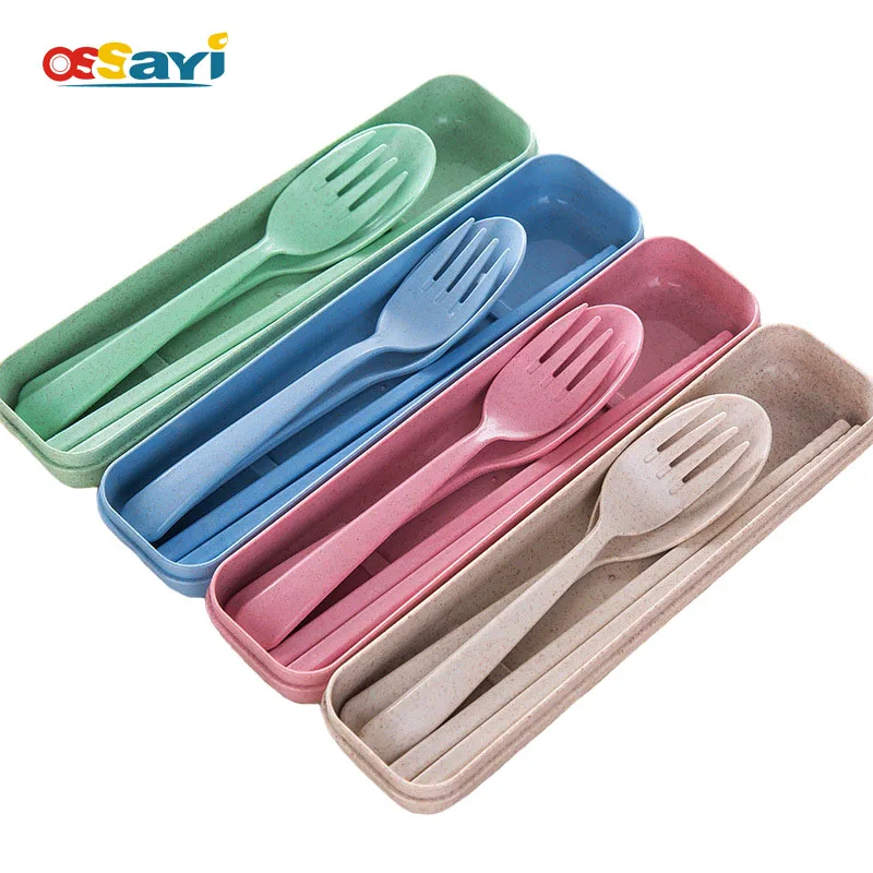 3Pcs Cutlery Set Cute Portable Travel Adult Cutlery Wheat Straw Fork Camping Picnic Set Gift for Child Office People Dinnerware