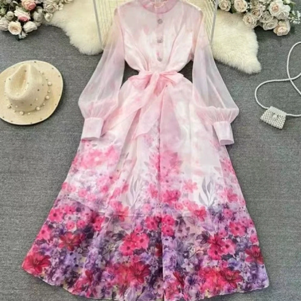 

New French retro stand collar long sleeve floral chiffon dress women's spring and autumn tie waist long skirt-GZXX171
