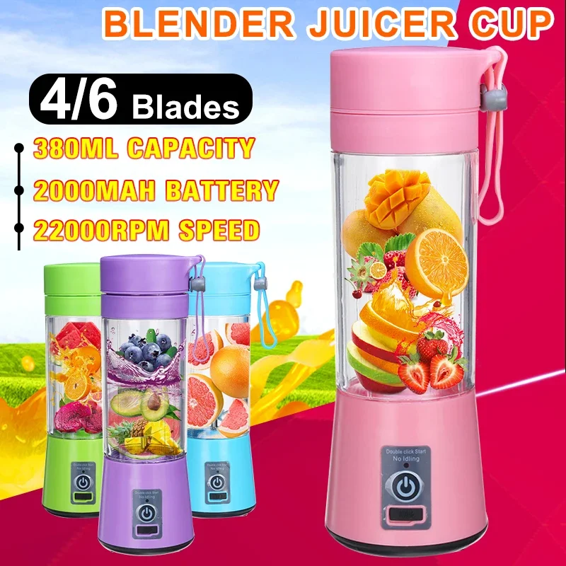 380ml 6/4 Blades Portable Electric  Fruit Juicer Home USB Rechargeable Smoothie Maker Blenders Machine Sports Bottle Juicing Cup