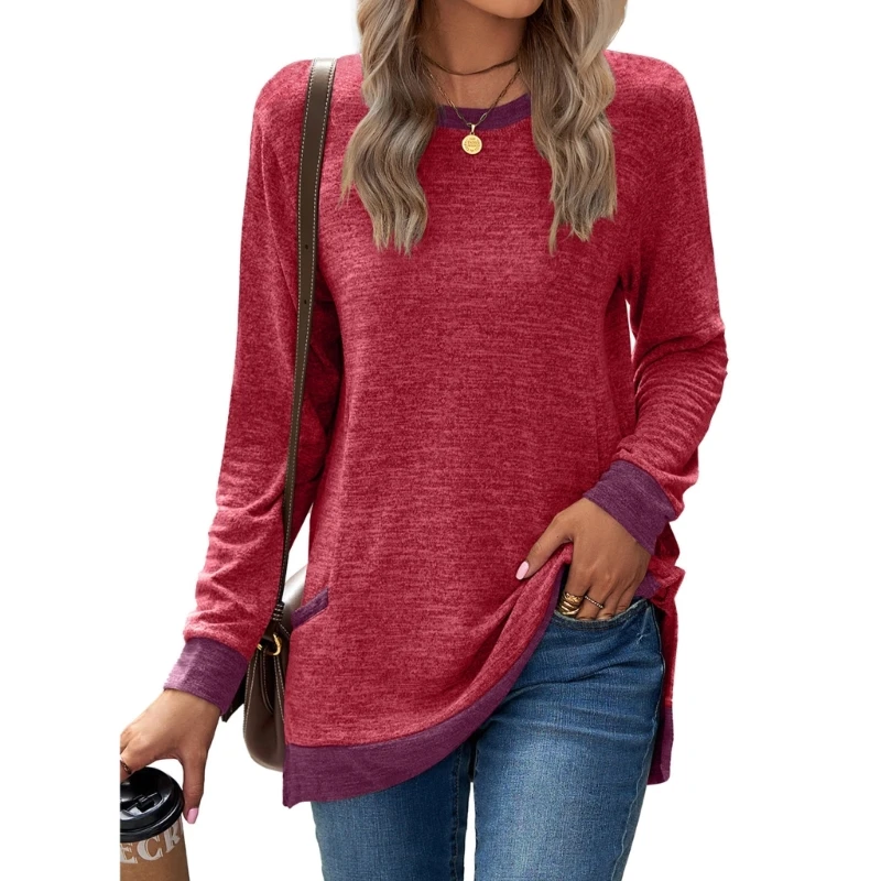 Women Casual Long Sleeve Shirts Crewneck Pullover Tunic Top Autumn Colorblock Side Split Loose Sweatshirt Streetwear