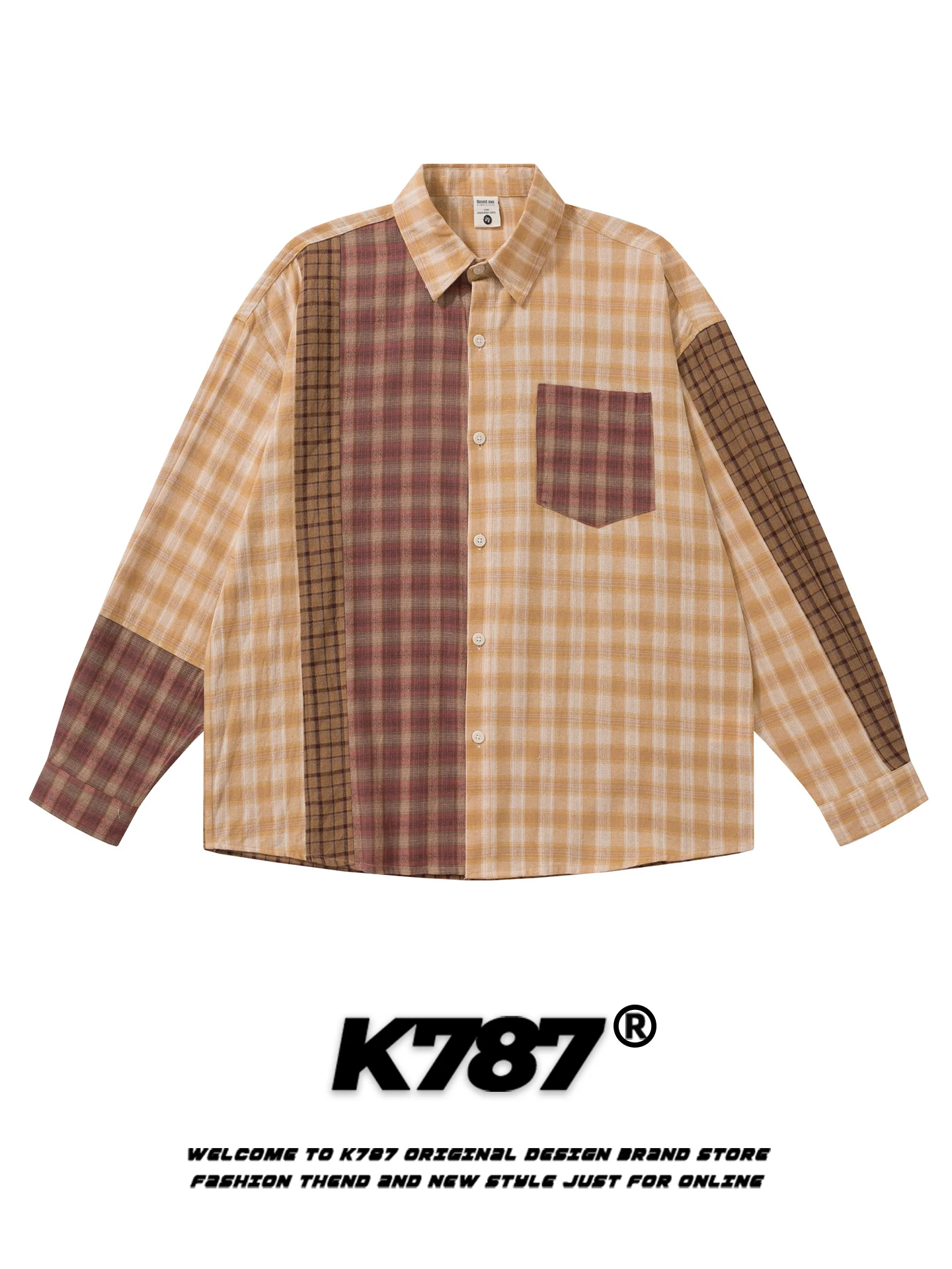 

K787 American Retro Color Block Plaid Long Sleeve Shirt Loose Couple Outerwear Men's Women's Casual Cotton Autumn Spring
