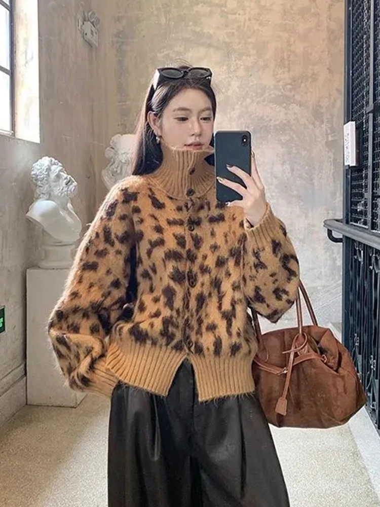 Leopard Knit Turtleneck Cardigan Women Y2K Streetwear Button Long Sleeve Sweater Female Harajuku Hottie Retro Autumn Winter Tops