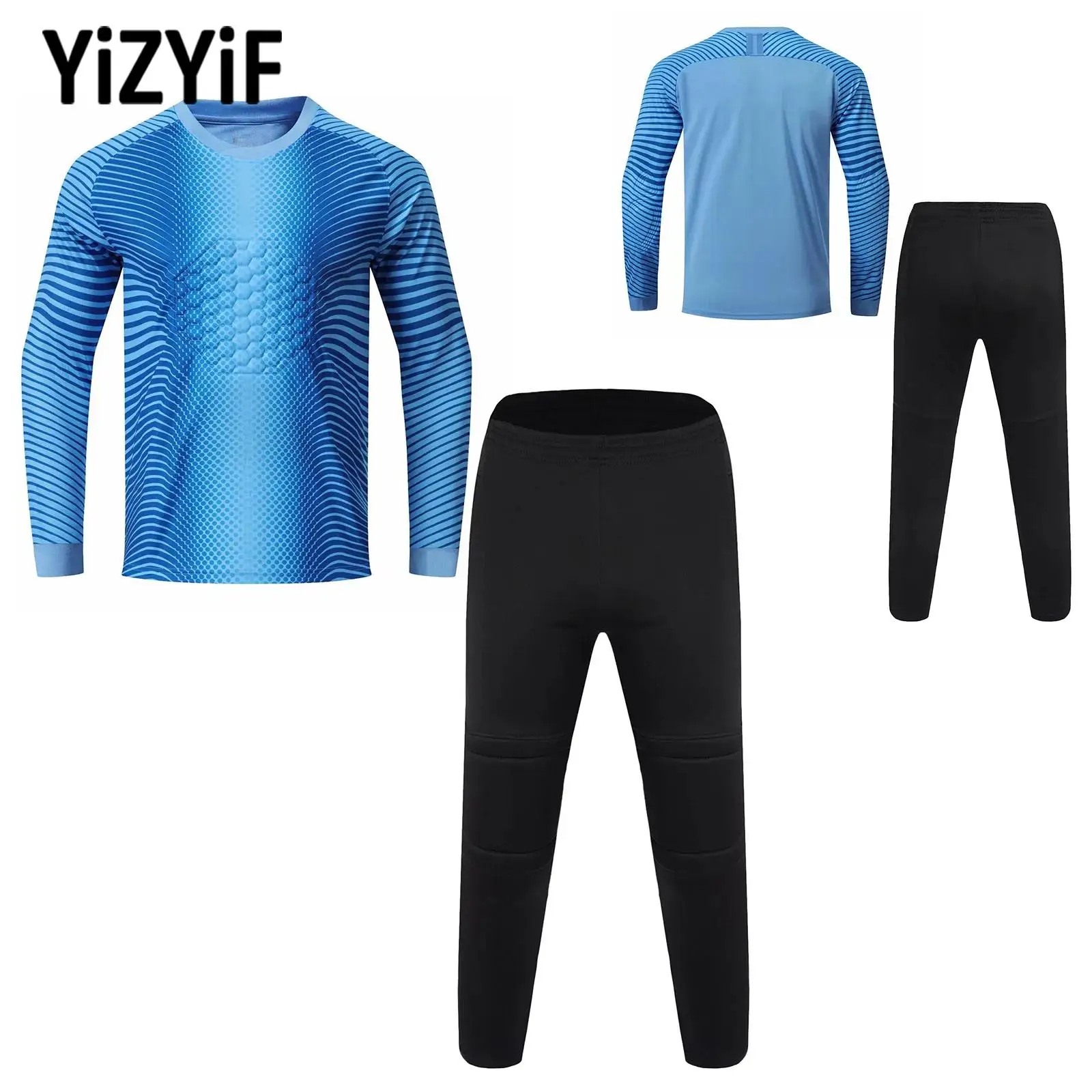 

Kid Boy Soccer Goalkeeper Protection Pads Long Sleeve Striped T-shirt Tops with Elastic Waistband Drawstring Pants for Training