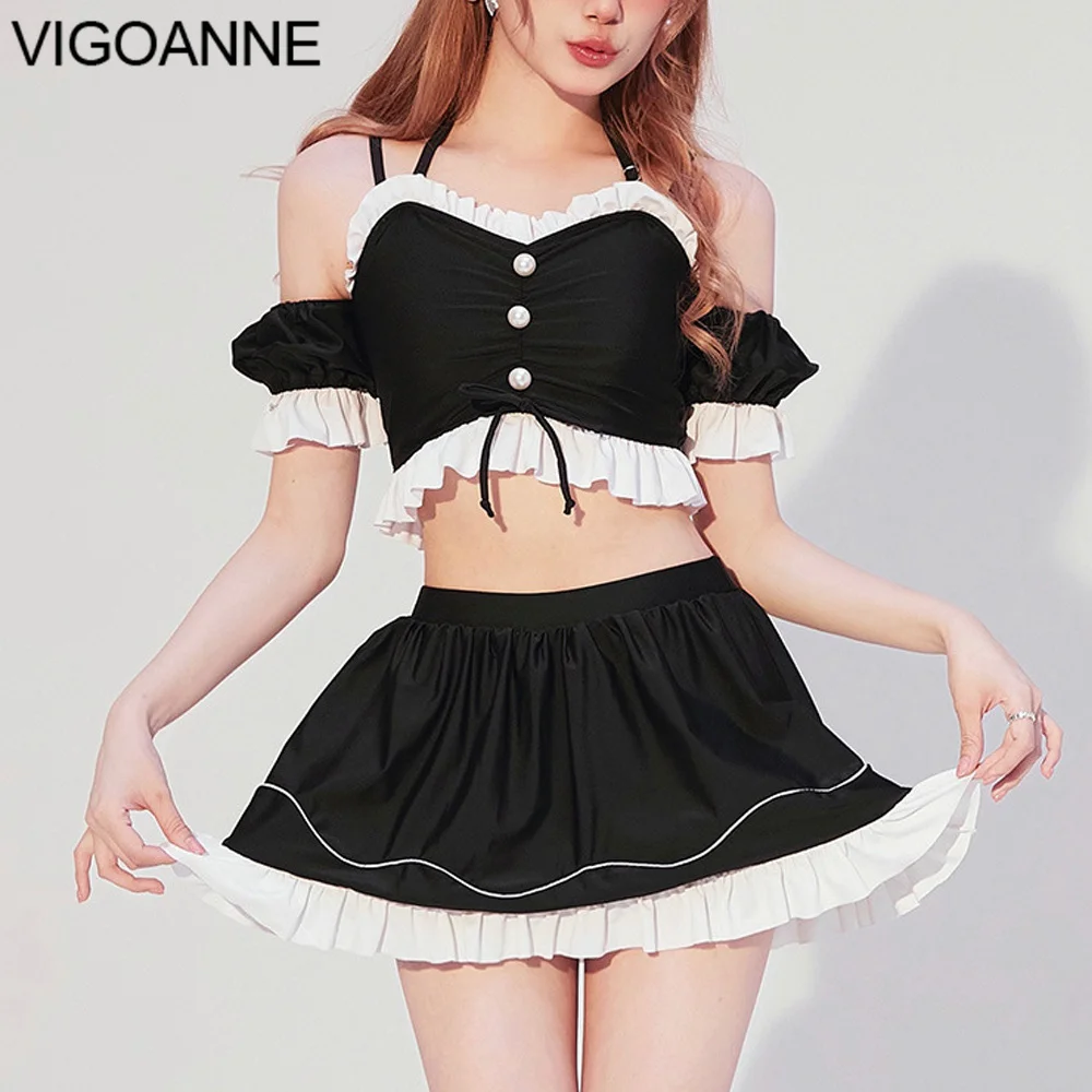 

VigoAnne 2024 Solid Off The Shoulder Swimwear Women Sexy High Waist Verge Skirt Bikini Set Korean Swimsuit Summer Bathing Suit
