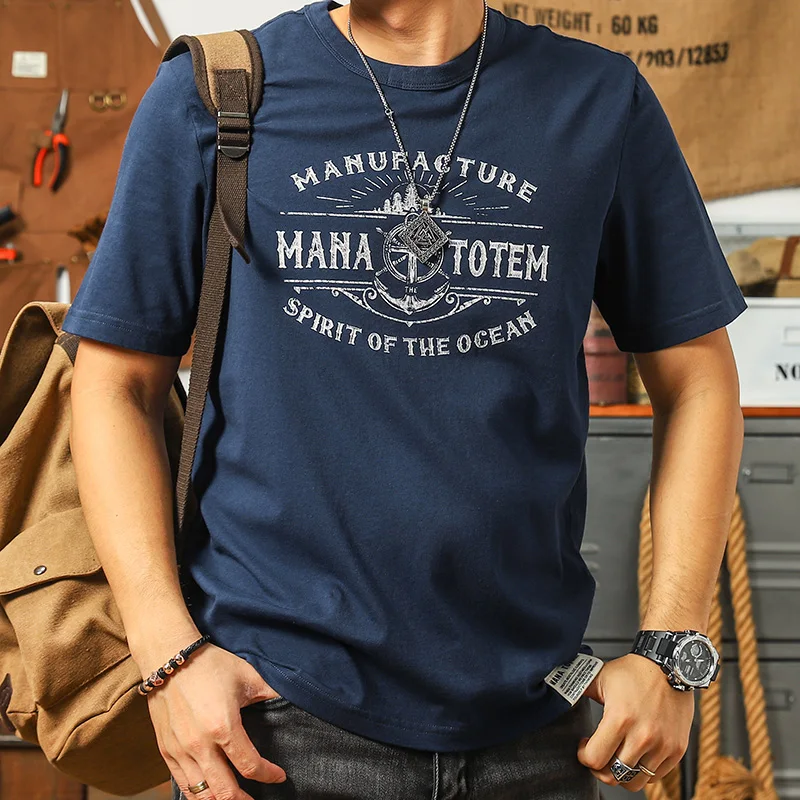 Retro Men's T-Shirts Short Sleeve Pure Cotton Round Neck Boat Steering Wheel Print Summer Casual Man T Shirt