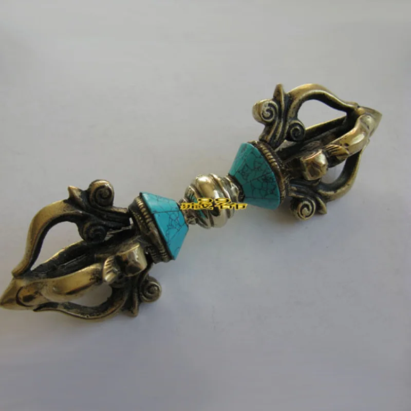 Tibetan turquoise five-pronged vajra, exquisite vintage tantric Nepalese handmade Buddhist ritual ornament