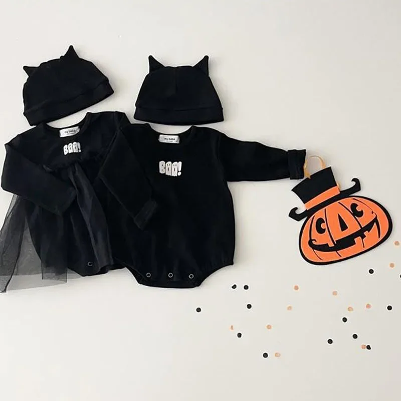 

Autumn Winter Halloween Newborn Boy Ghost Print Simple Comfort Long Sleeves Bodysuit Girl Baby Mesh Solid Cotton Casual Onesie