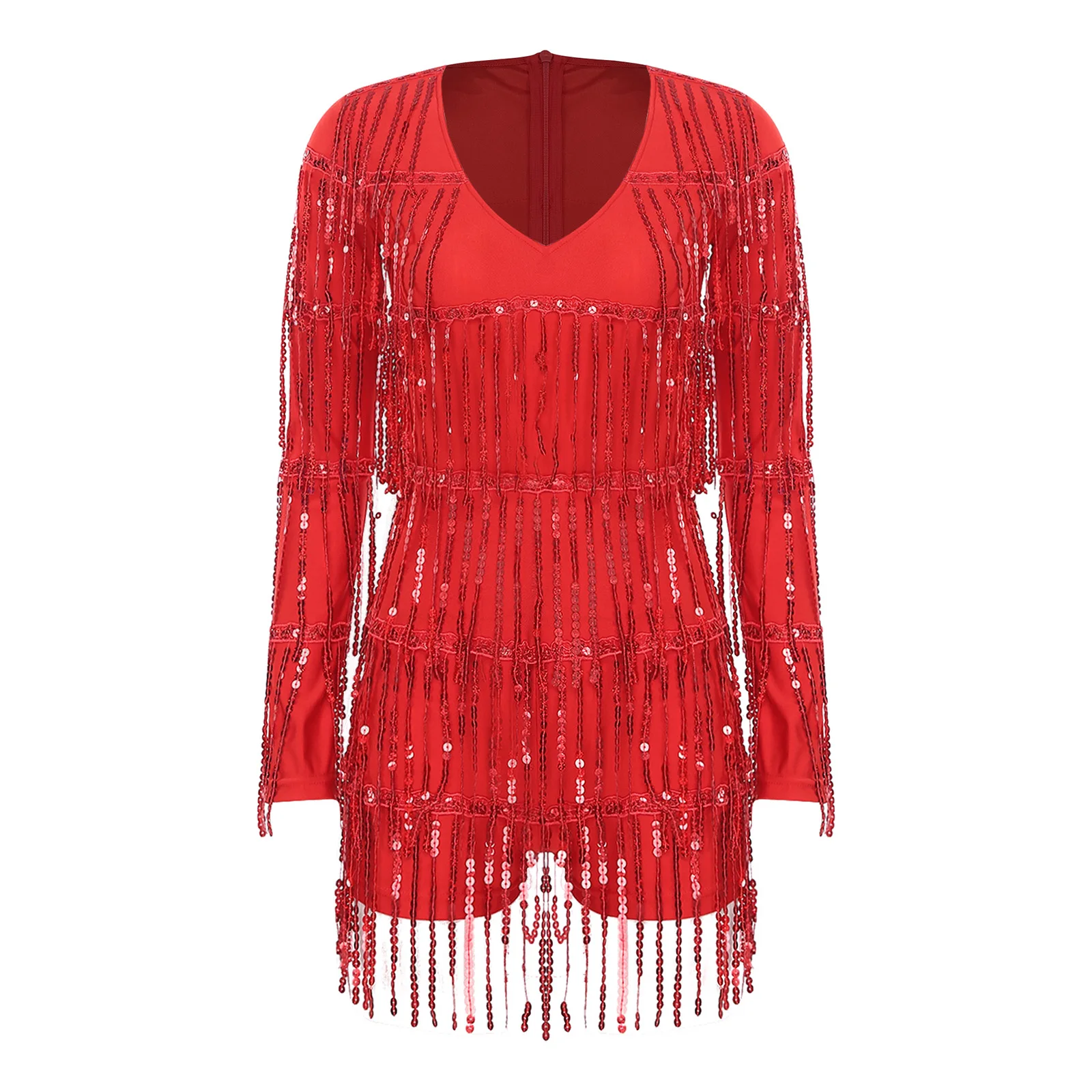 レディース グリッター フリンジ タッセル ボーイショーツ ボトム ジャンプスーツ Vネック 長袖 ティアード ロンパース ボディスーツ クラブウェア ポールダンス コスチューム