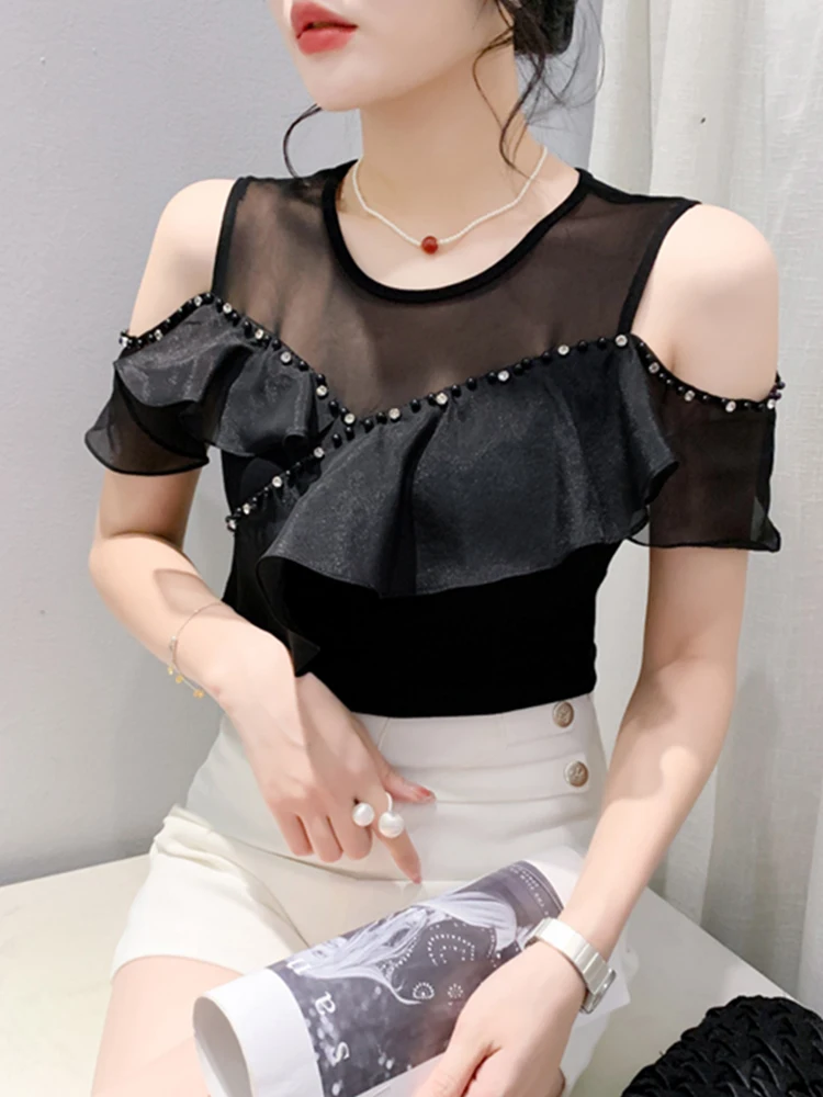 

#5972 Perspective Mesh Round Neck Spliced Ruffles Off Shoulder T Shirt Women Slim Sexy Streetwear Tee Shirt Short Stretch Cotton