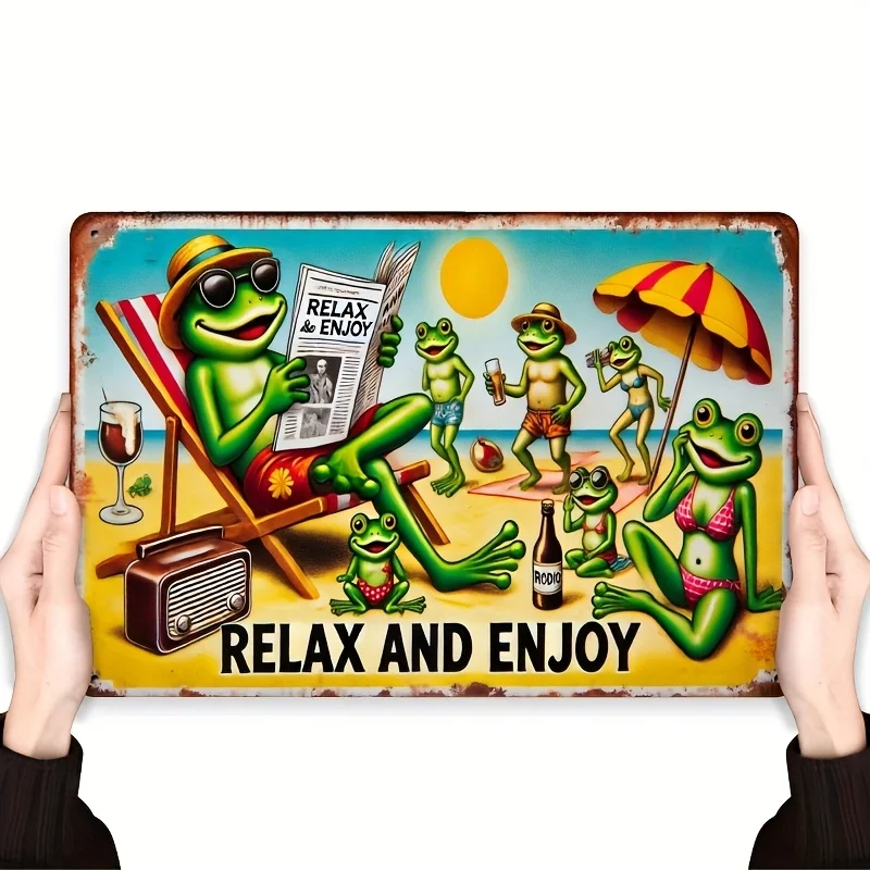 2D Flat, Relax And Enjoy Vintage Metal Wall Sign - 8x12 Inch Fun Frog Beach Scene Decorative Art For Bathroom, Kitchen, Dining R