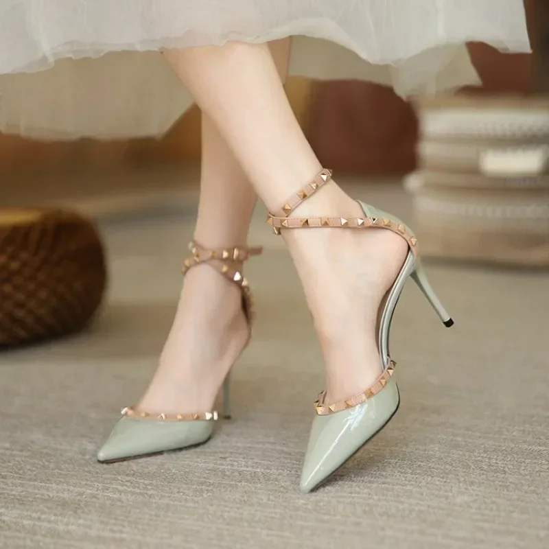 Rivet High Heels Women's Stiletto Heels 2024 New Style Temperament Matching Skirt Sexy Pointed One Line Buckle Wrap Sandals