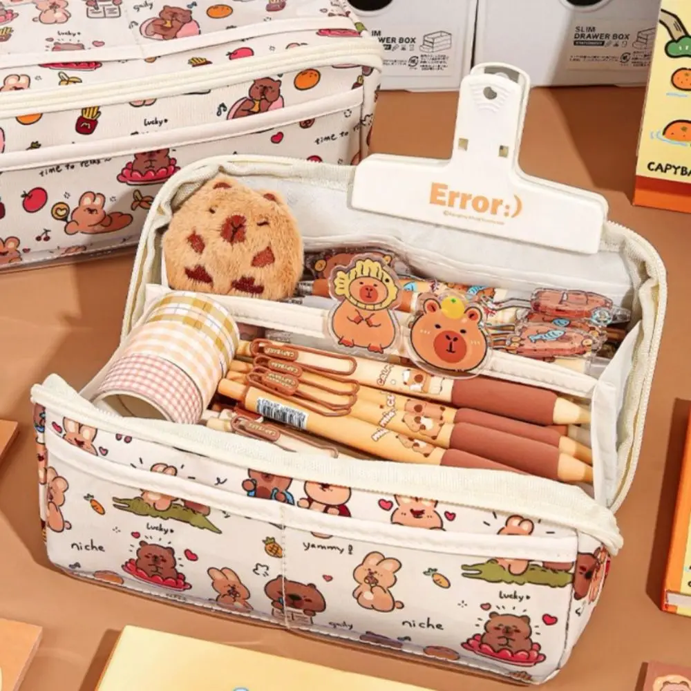 

Storage Bag Cute Design Capybara Pencil Bag Multi-layer Aesthetic Stationery Bag Large Capacity INS Pen Pencil Case School