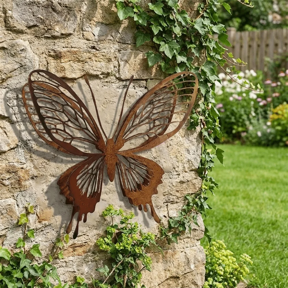 1/3PCS Metal Structure Butterfly Garden Sculpture Hollow Double Layer Distressed Style Metal Butterfly Sculpture Rust-Colored