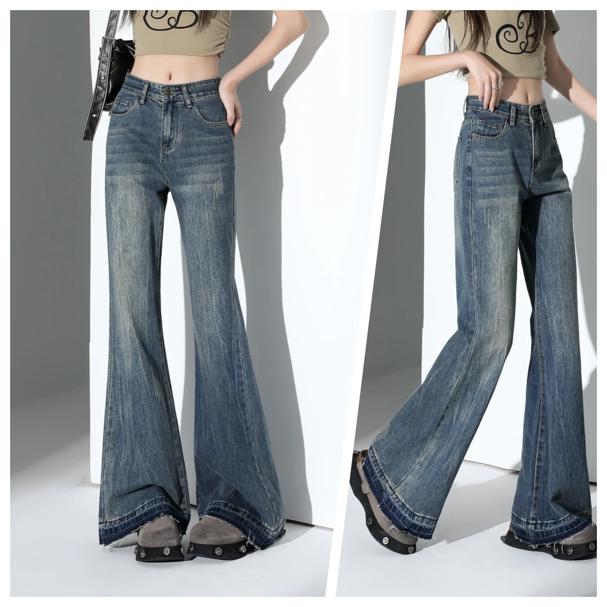 

Ladies' fashionable high waisted slightly flared jeans American retro horseshoe pants loose and slimming pants