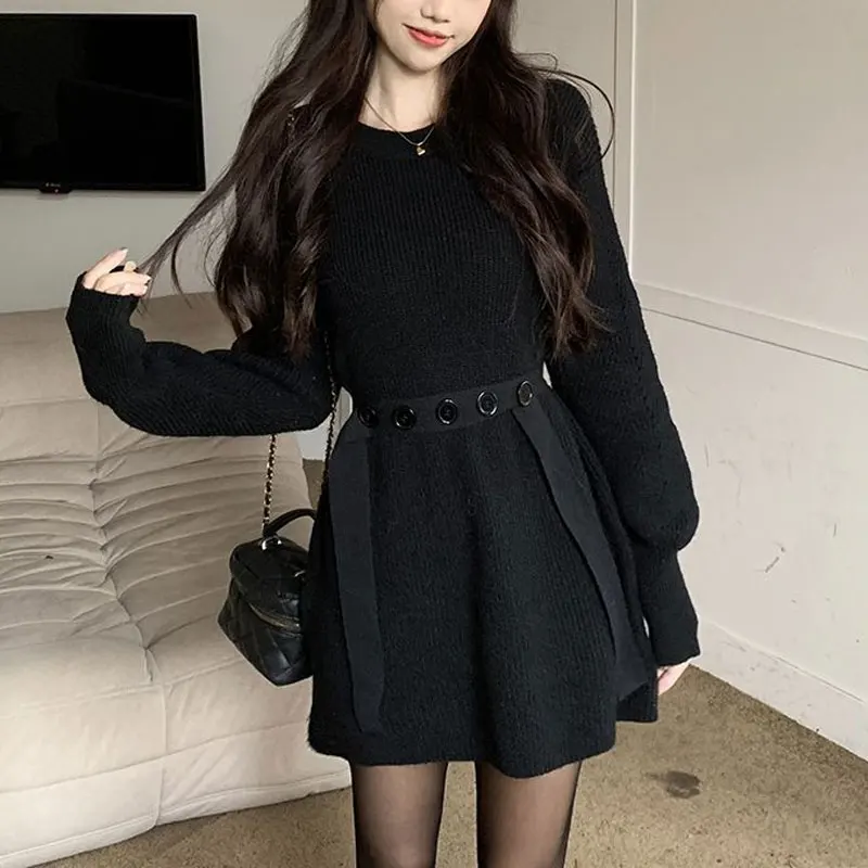 Basic Spliced Button Waist Dresses Autumn Winter Solid Color Female Clothing Aura Knitted Casual O-Neck Long Sleeve Mini Dress