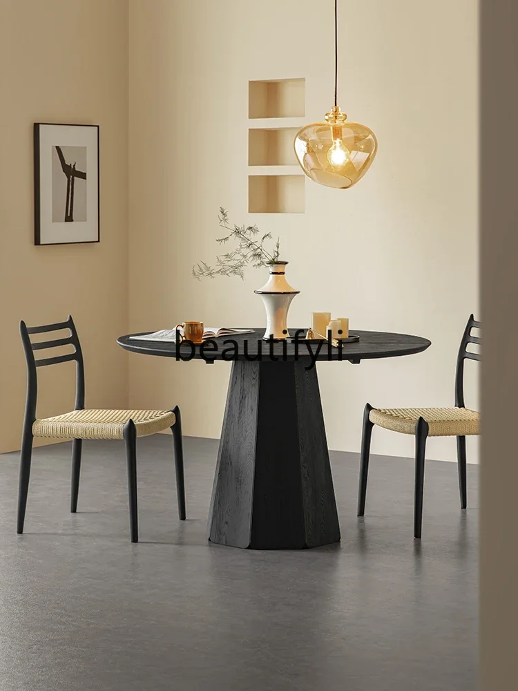 

zqxRound table wabi-sabi wind solid wood black ash wood round dining table combination restaurant home