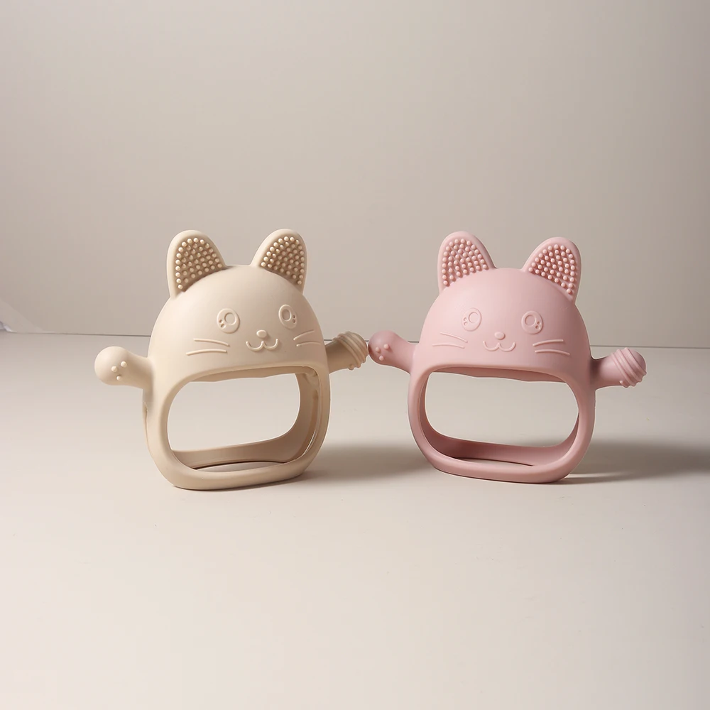 Luvas de dentição para bebês – Brinquedo de mastigar luva de silicone de qualidade alimentar, protetor de mão anti-sucção, design de coelho fofo