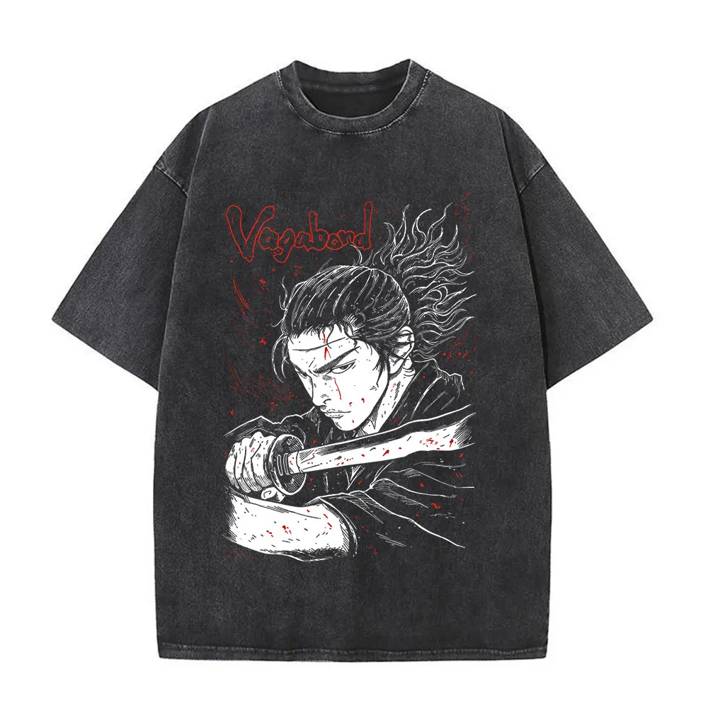 Japanese Anime Vagabond Miyamoto Musashi Vintage Washed T-shirts Men Women Clothing Fashion Retro Harajuku Short Sleeve T Shirts