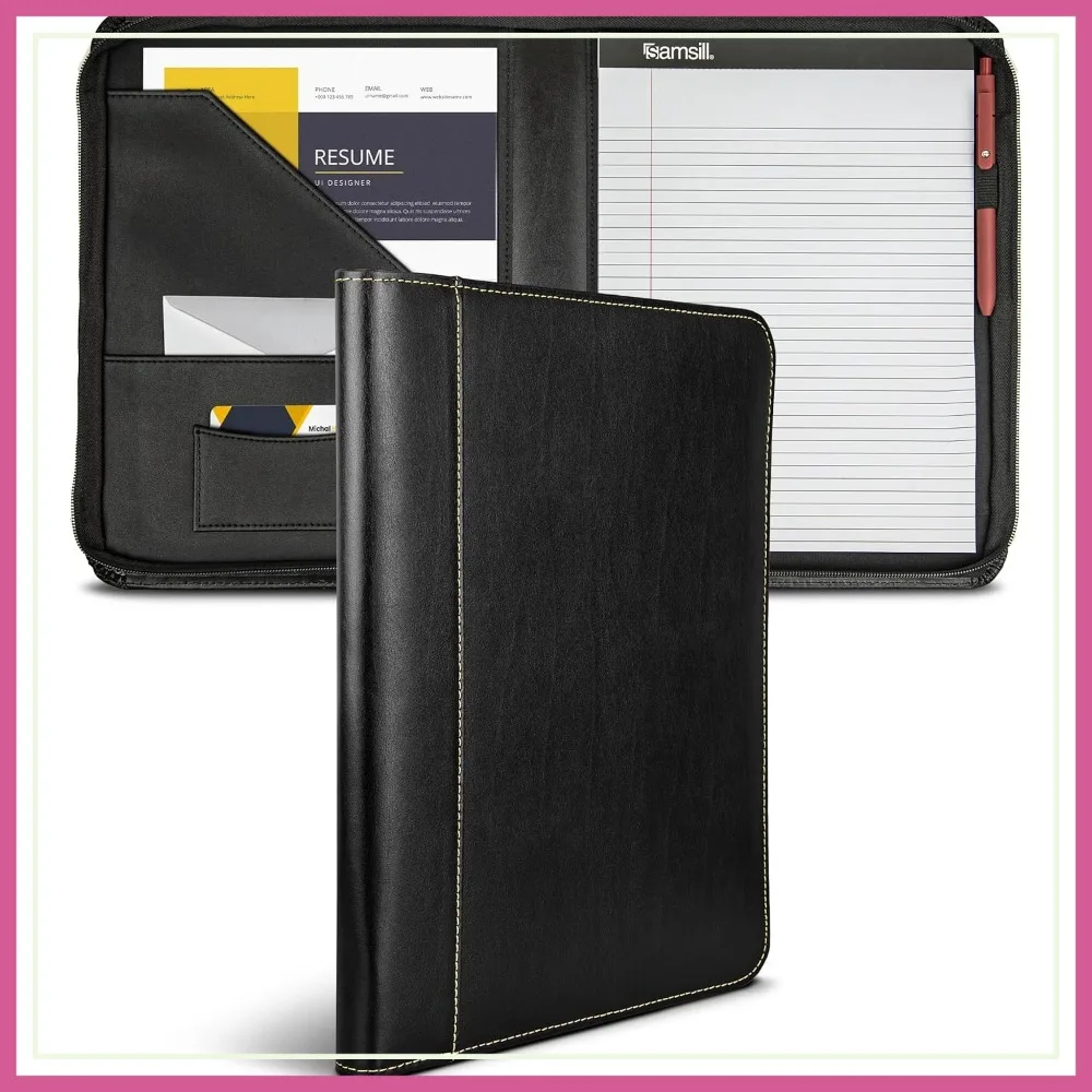 

Contrast Stitch Leather Zippered Portfolio Folder, Business Organizer with Writing Pad, Black