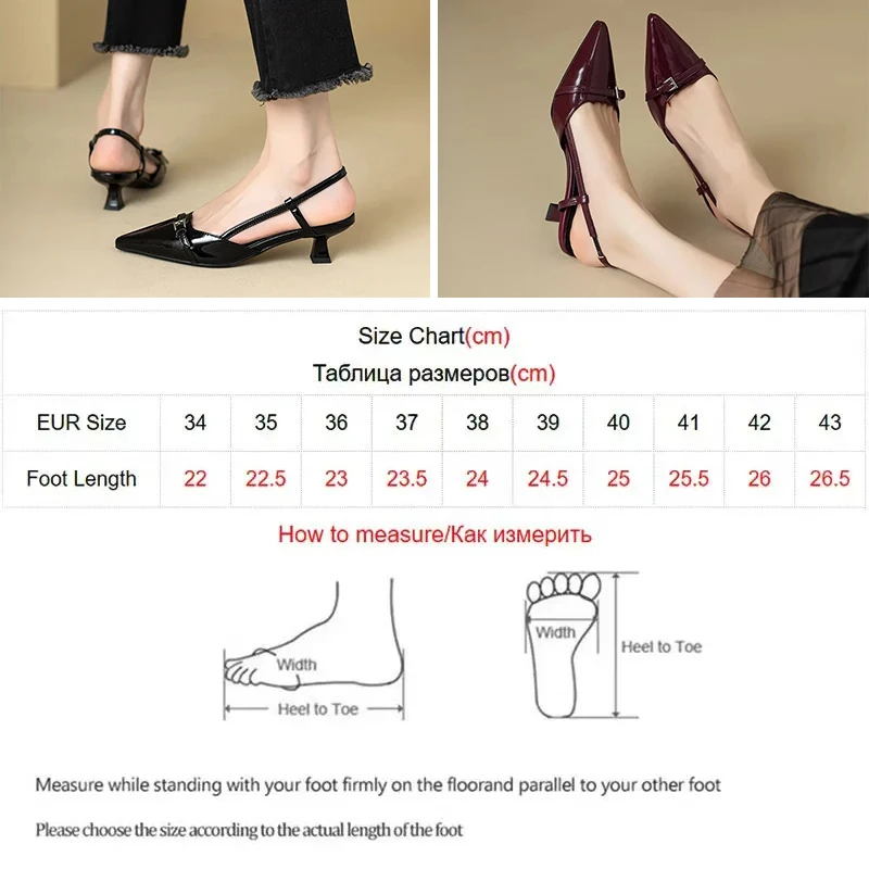 2025 New Women's Summer Dress Shoes Patent Leather Pointed Toe Mid Heel Pumps Slip-On Slingback Sandals with Buckle Hollow Retro