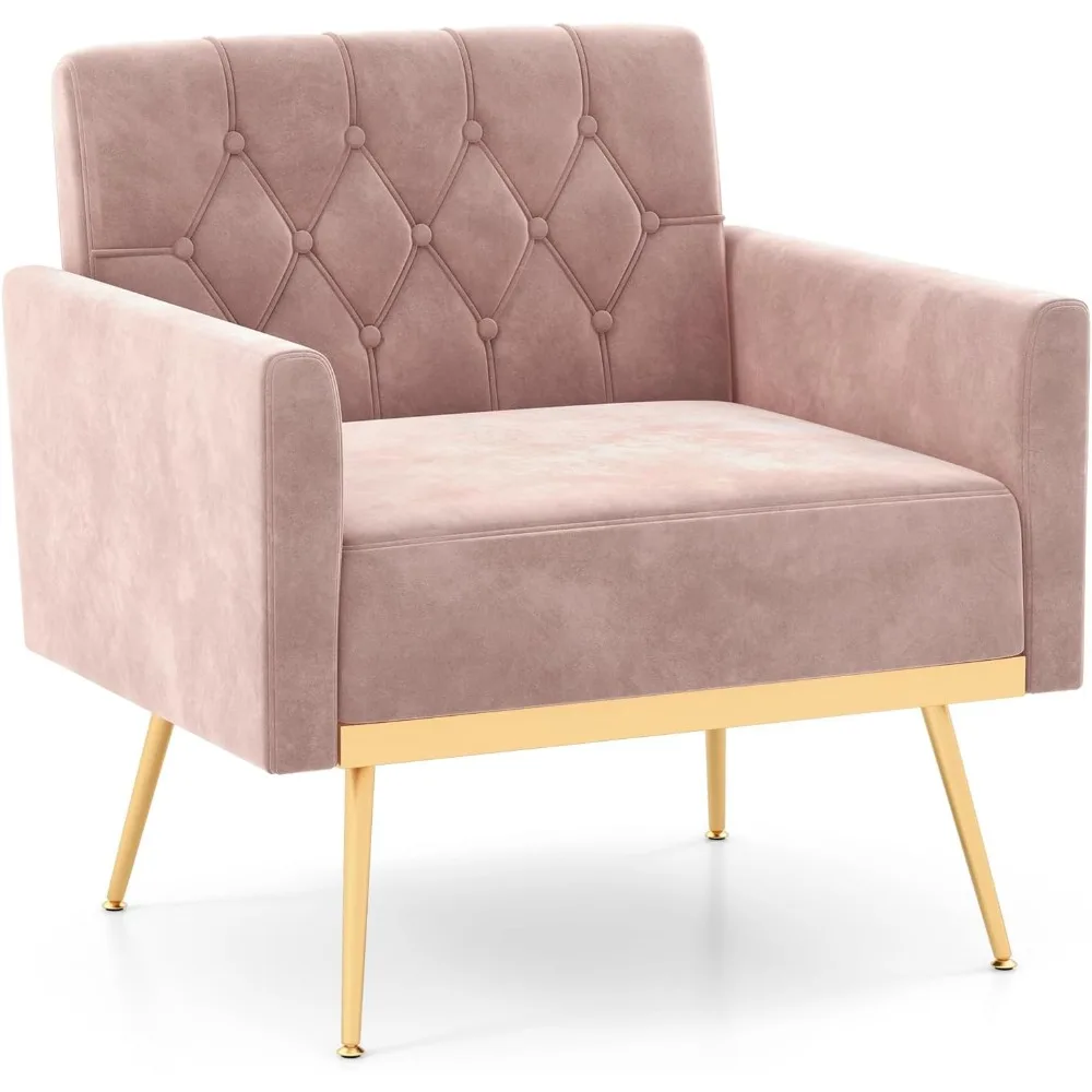 

Accent Chair - Mid-Century Upholstered Single Sofa Chair w/Button Tufted Back, Golden Metal Legs, Adjustable Foot Pads