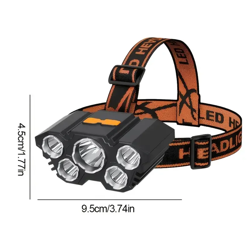 Bright 5LED Flashlight Rechargeable with Built in Lithium Battery Strong Head Light Camping Adventure Fishing Cycling Headlamp
