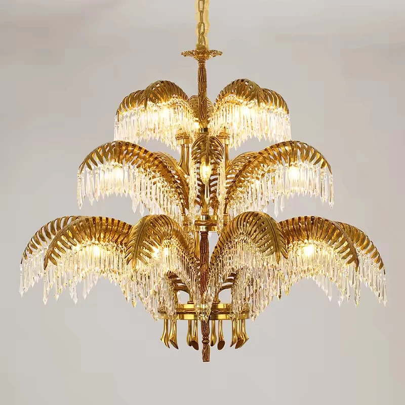 Hand Carving Gold Brass Hanging Pendant Lights Villa Living Room Luxury Crystal  Palm Chandelier