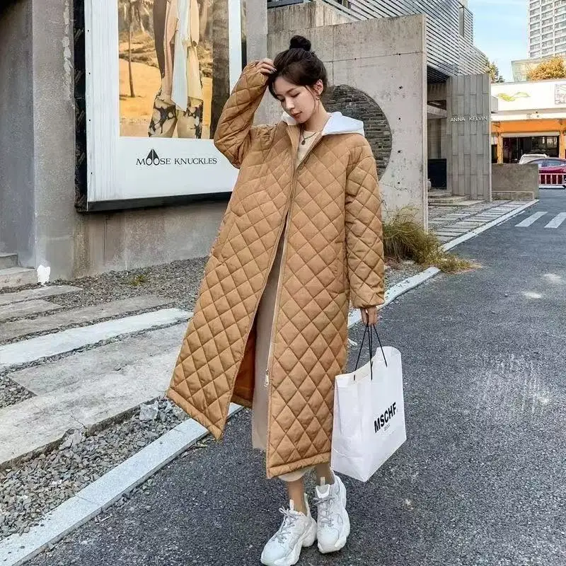 

Light Thin Cotton Jacket Women Autumn Winter Knee Length Loose Korean Plus Size Thick MM Diamond Checkered Down Cotton Jacket