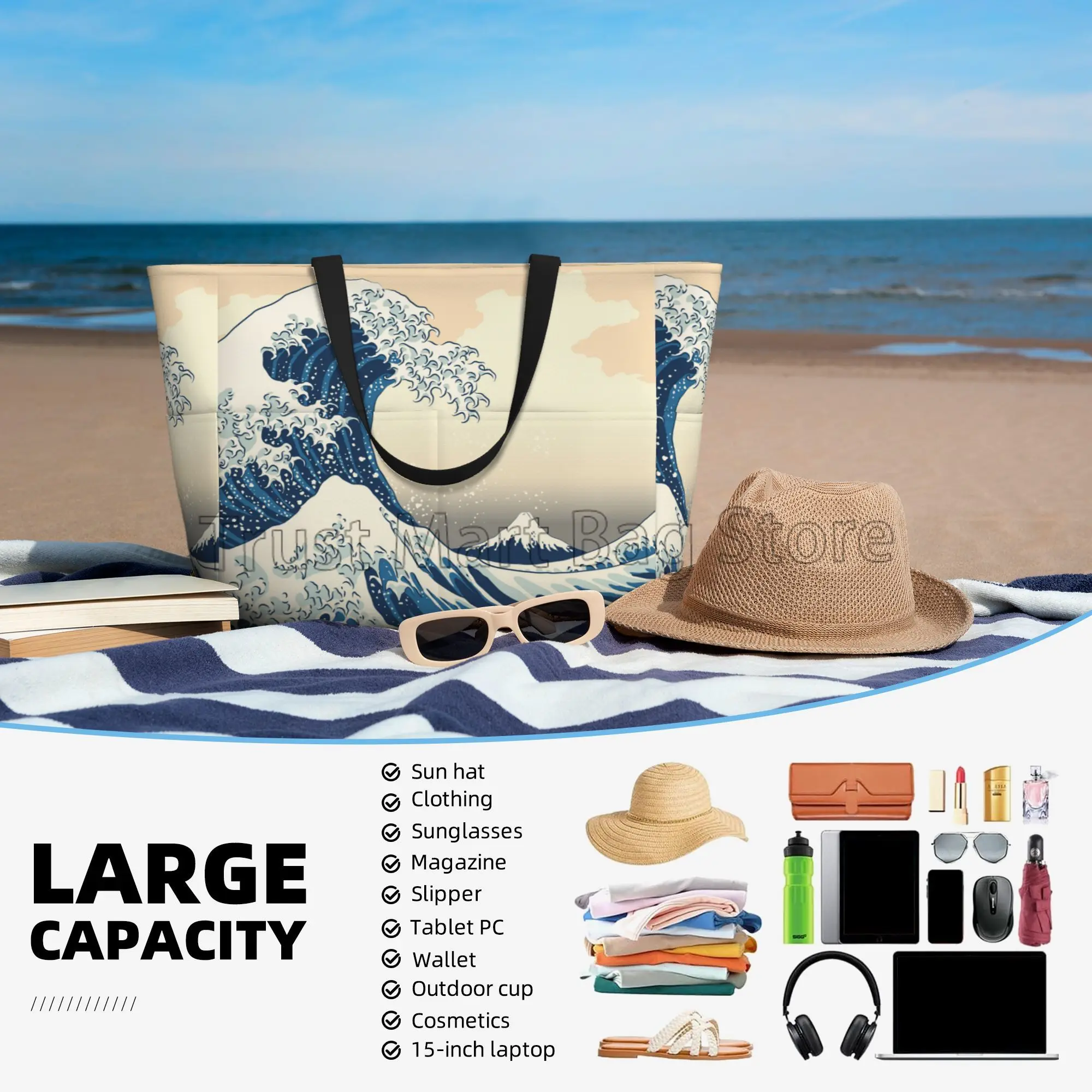 Japanes Sea Waves Large Capacity Beach Travel Bag Women Foldable Tote Bag Pool Bags for Travel Vacation Gym Swim