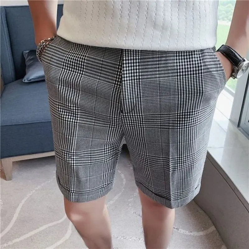 2024 Zomer Mode Britse Stijl Hoge Taille Slim Fit Duizend Vogel Raster Bedrukt Met Knoop Zak Casual Losse Knielengte Korte Broek