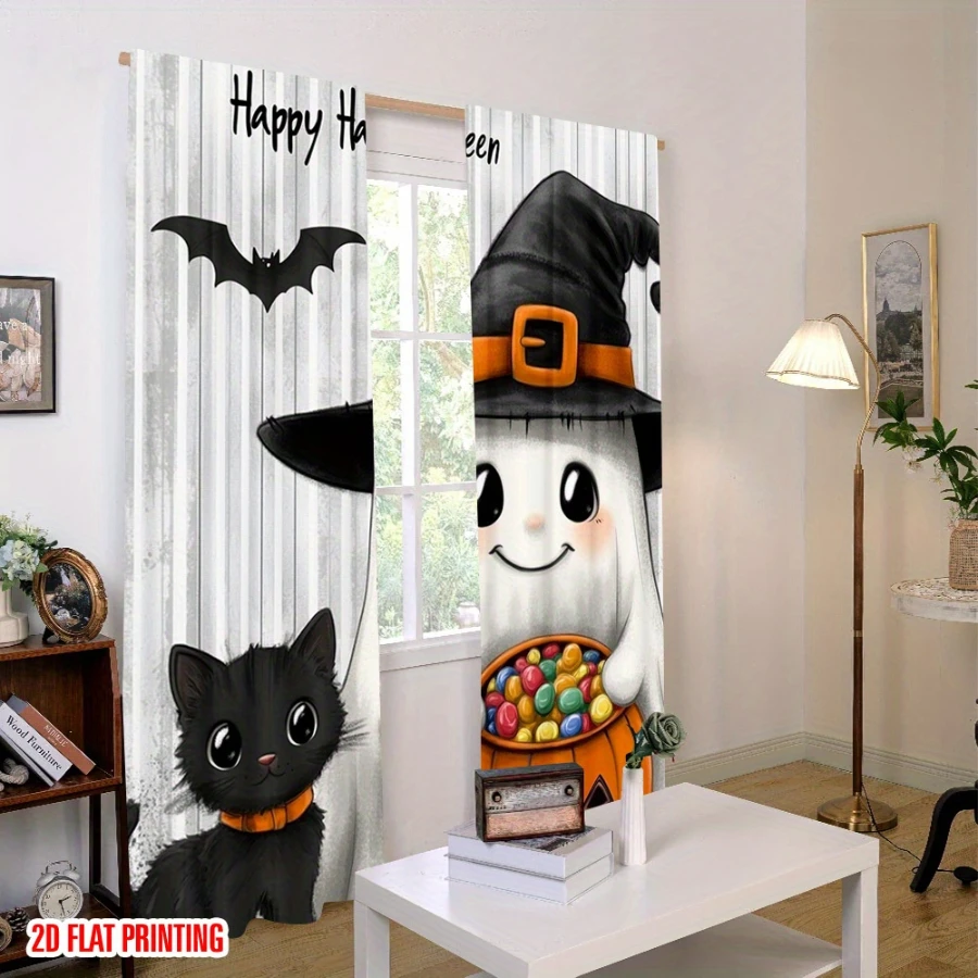 2PCS Digital Printed Curtains, Cute Ghost Witch Hat Black Cat Candy, Cartoon Happy Halloween Window Decor for Kids Nursery