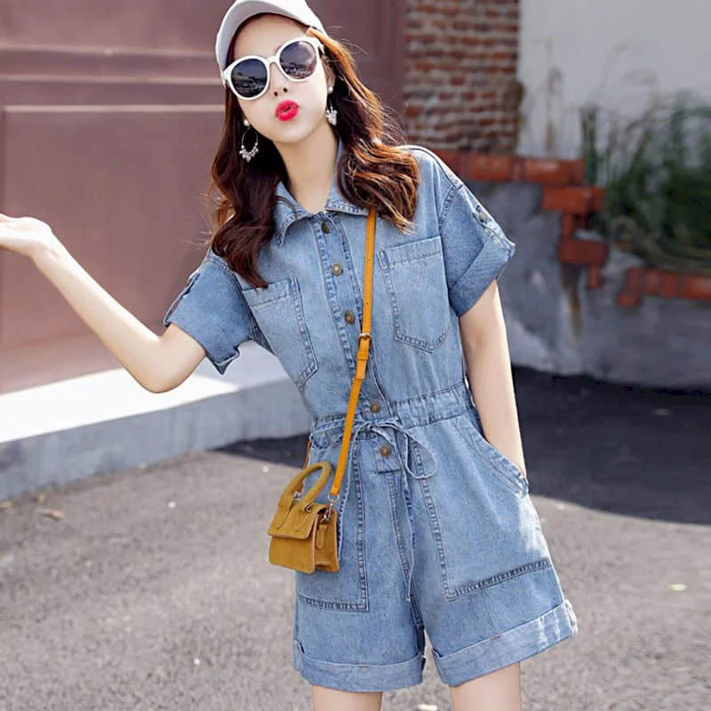 Denim Jumpsuit Women Half Sleeve Solid Oversize Casual Pocket One Piece Outfit Women Playsuit Vintage Pants Overalls for Women