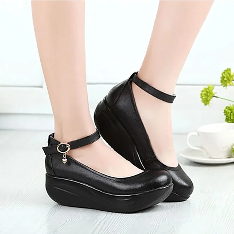 YAERNI Spring Autumn Women Swing Shoes Black Leather Ankle Wedges Shoes Comfortable Thick Sole Height Increase Shoes Big Size