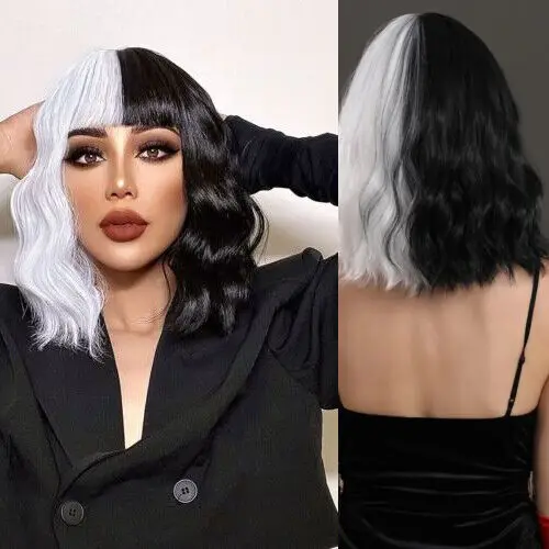 

Half Black Half White Short Wave Wigs with Bangs Halloween Costume Cosplay Party Synthetic