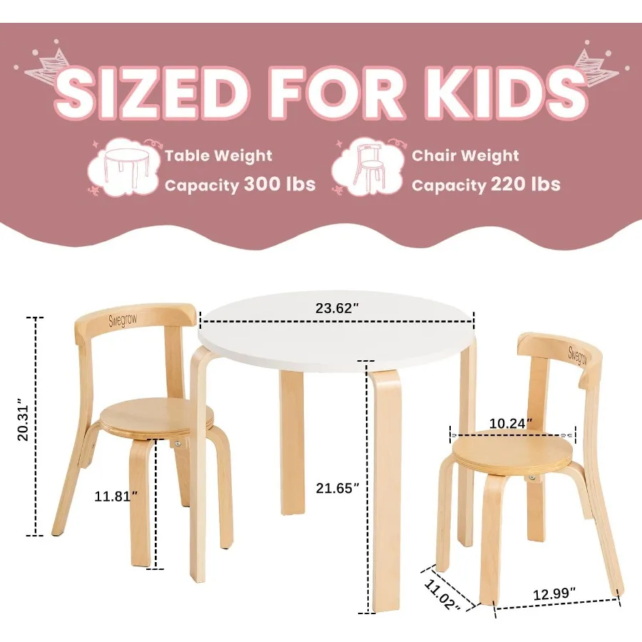 Conjunto de mesa e 2 cadeiras Swegrow, mesa e cadeiras de madeira para crianças pequenas, móveis de madeira duráveis, ideal para sala de jogos, casa, jardim de infância