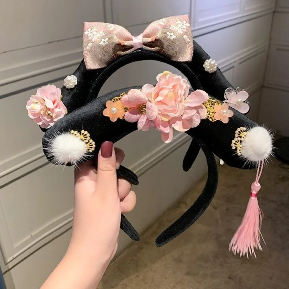 

Антикварный цветок Hanfu повязка на голову с жемчужной кисточкой в китайском стиле головные уборы с короной и бантом в древнем стиле обруч для волос для женщин