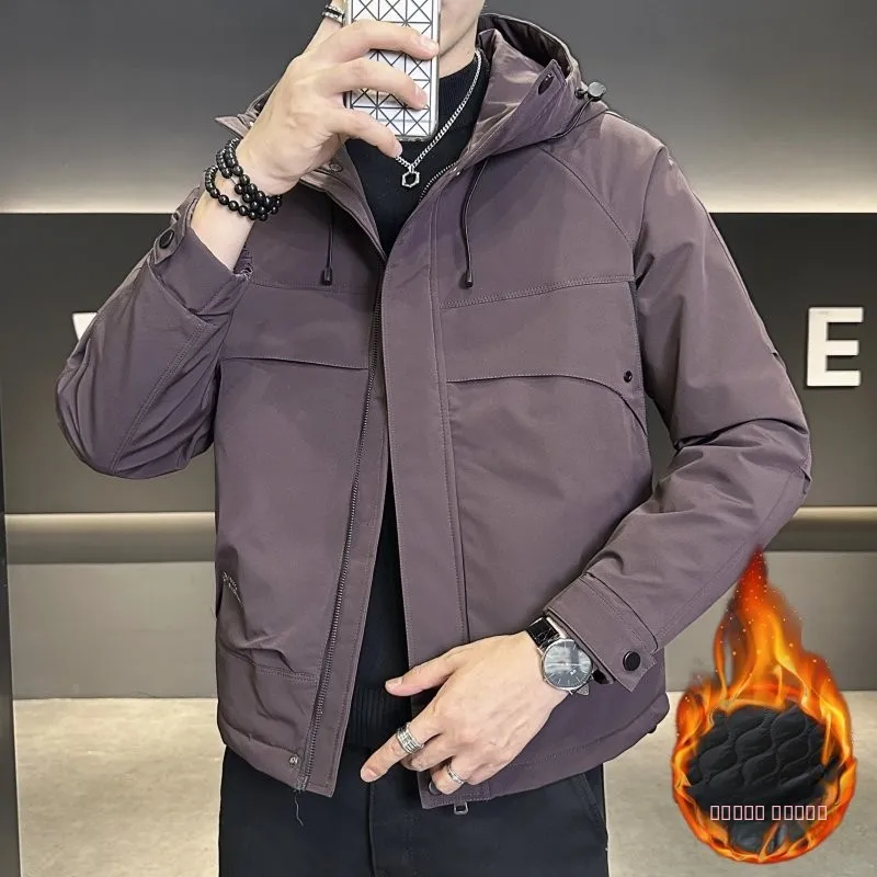 

Autumn Winter Youth Faion Thiened Cotton Hooded Jaet Korean Sle Versatile Workwear Coat for Men Windproof Long Sve...