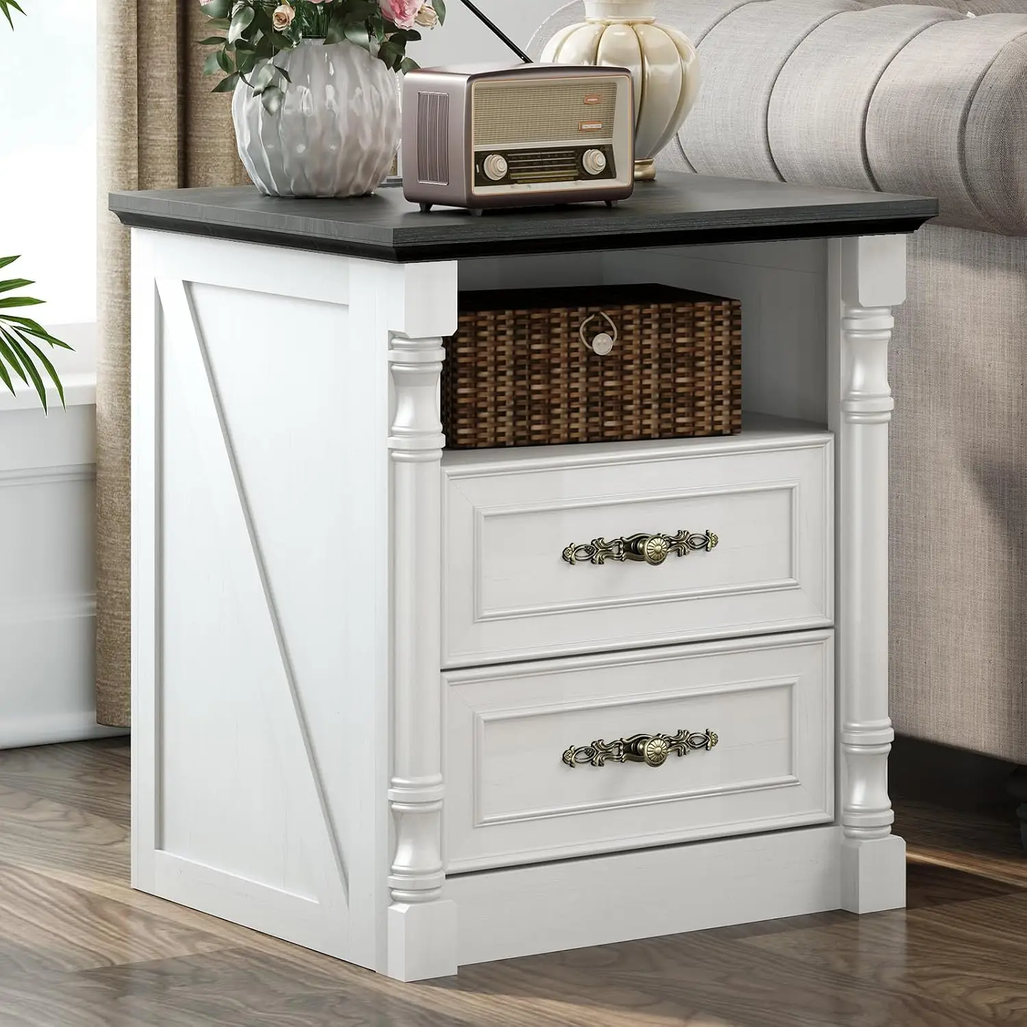 White Wood Nightstand with Charging Station & 2 Drawers, 22