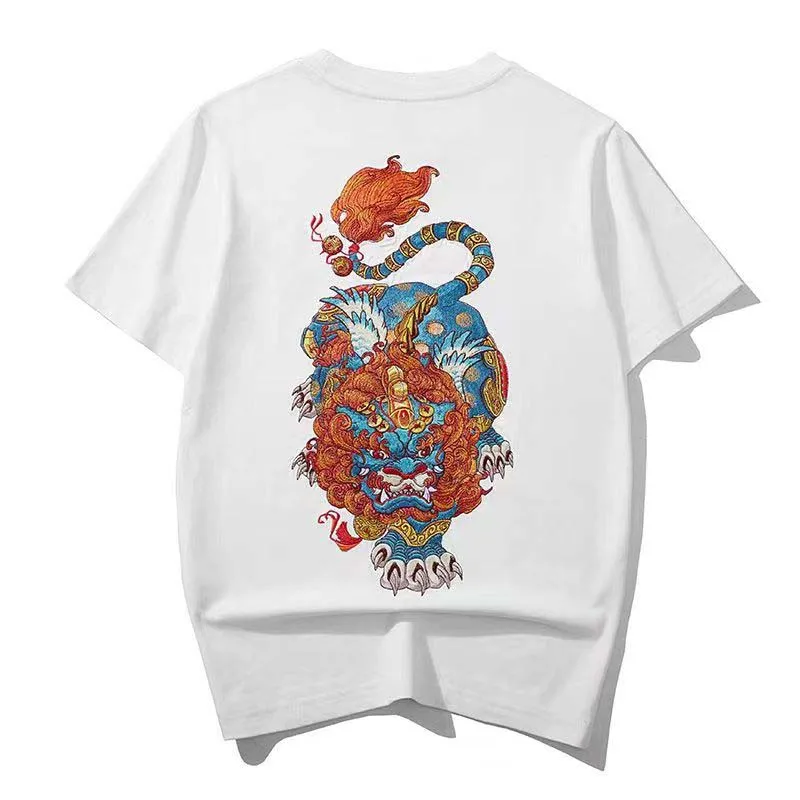 2023 New Embroidery Pixiu Heavy Industry Solid Color Short Sleeve T-shirt Half Sleeve Men's Breathable Chinese Style National Tr