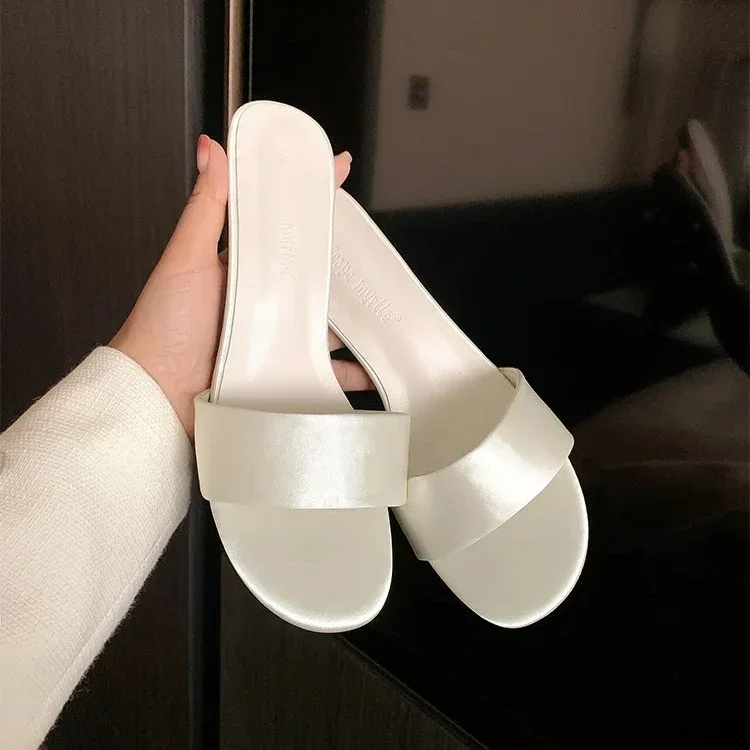 

Shoes Low Genuine Leather Slippers Women Summer Heeled Mules Slides High Rubber PU Shearling Pumps Fur Rome Fabric Hoof Shoes Ge