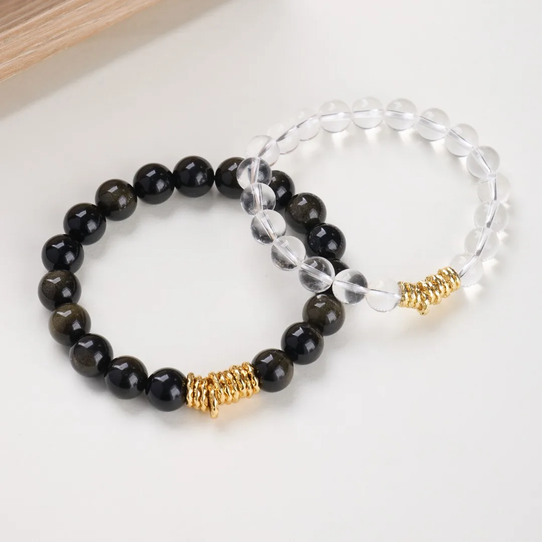 

Ruifan 8mm Natural Clear Quartz&10mm Gold Obsidian Couple Bracelets Healing Crystal Energy Jewelry for Men Women Valentine Gift