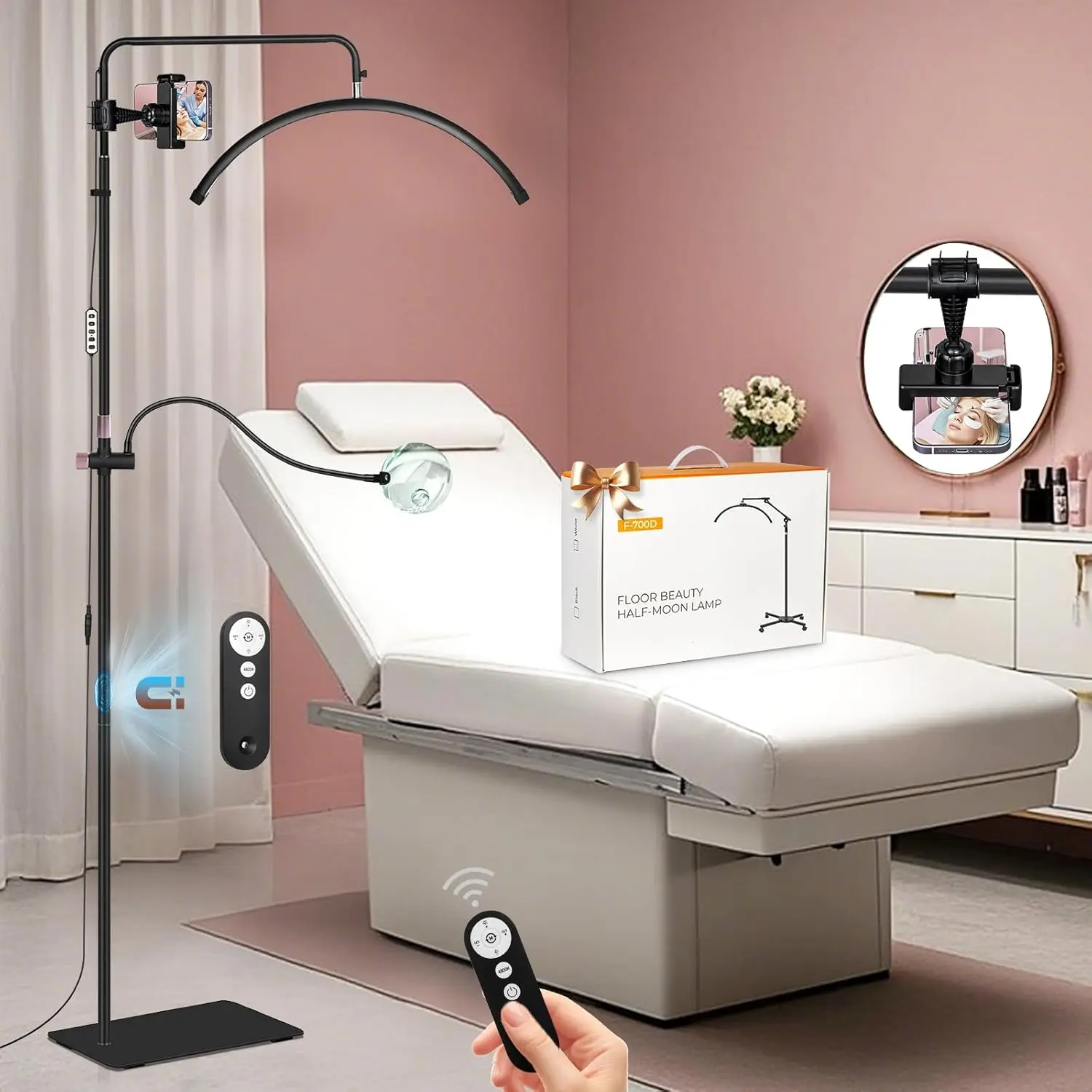 

Half Moon Lash Light with 5X & 10X Magnifier, Phone Holder & Remote for Esthetician, Nail Tech, Tattoo, Skincare Salon