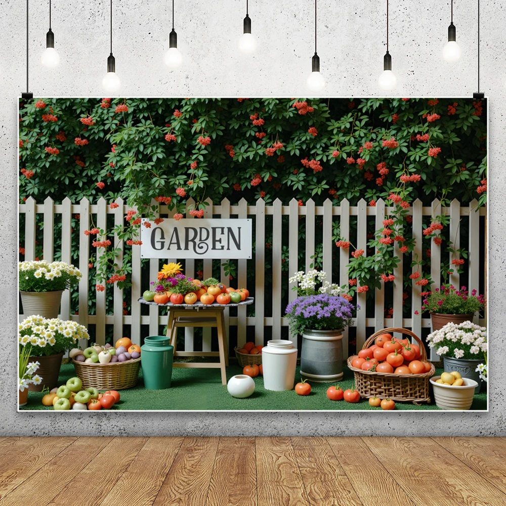 Apple Orchard Photography Backdrop Ripe Fruits Apple Trees White Fence Green Lawn Flowers Baskets Kid Portrait Shoots Background