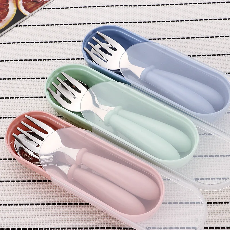 Talheres portáteis de aço inoxidável para crianças, Spoon Forks Box Utensílios de alimentação do bebê Conjunto de talheres para bebês, 3pcs