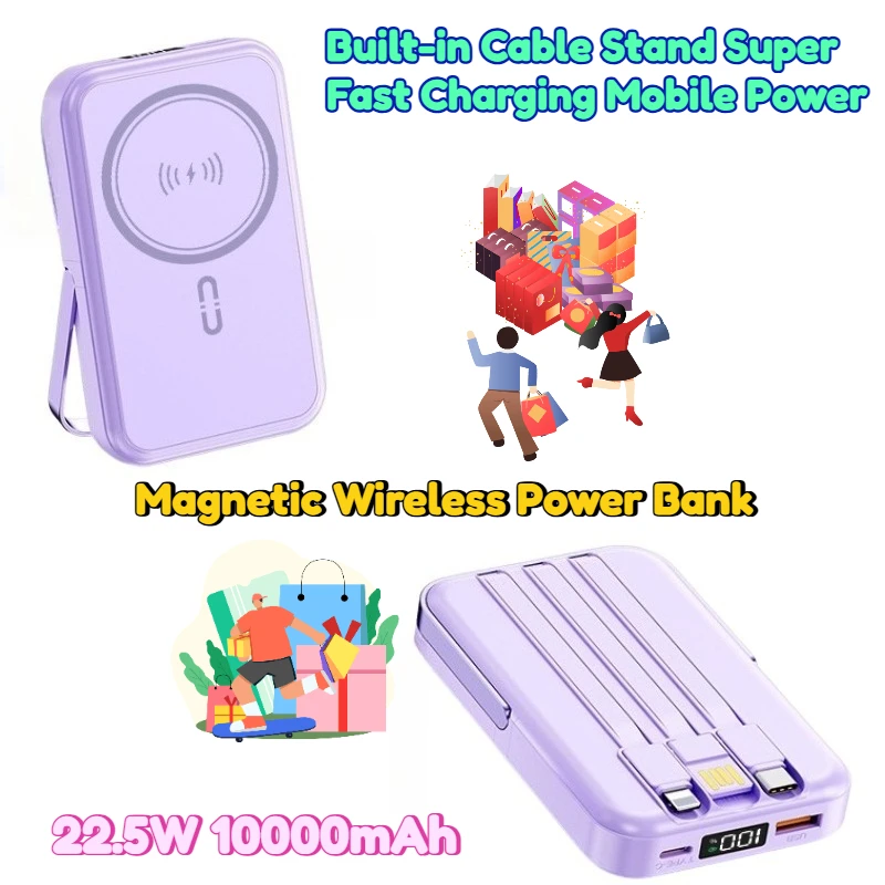 

10000mAh Magnetic Wireless Power Bank with Built-in Cable Stand Super Fast Charging Mobile Power